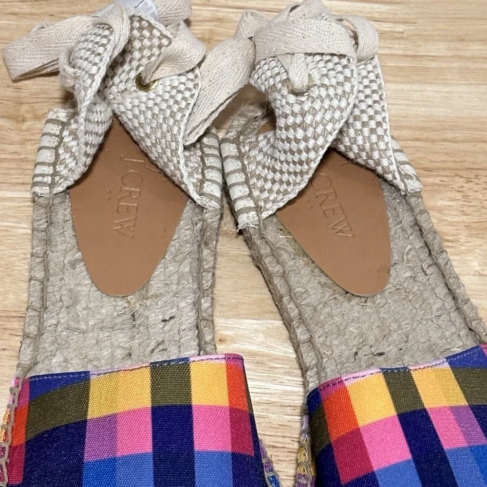 J. Crew Navy Blue Madras Plaid Ankle Tie D'Orsay Flat‎ Espadrilles size 10.5 NEW